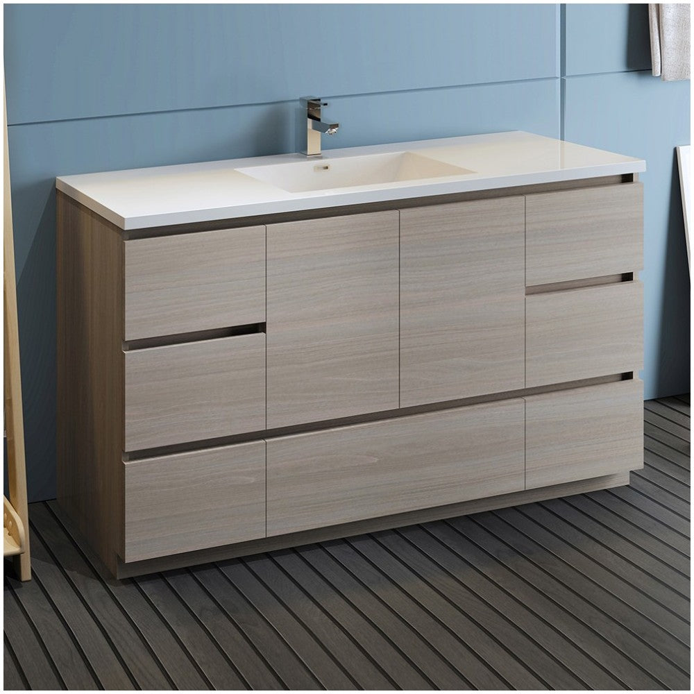 60 Gray Wood Free Standing Modern Bathroom Cabinet w/ Integrated Single Sink