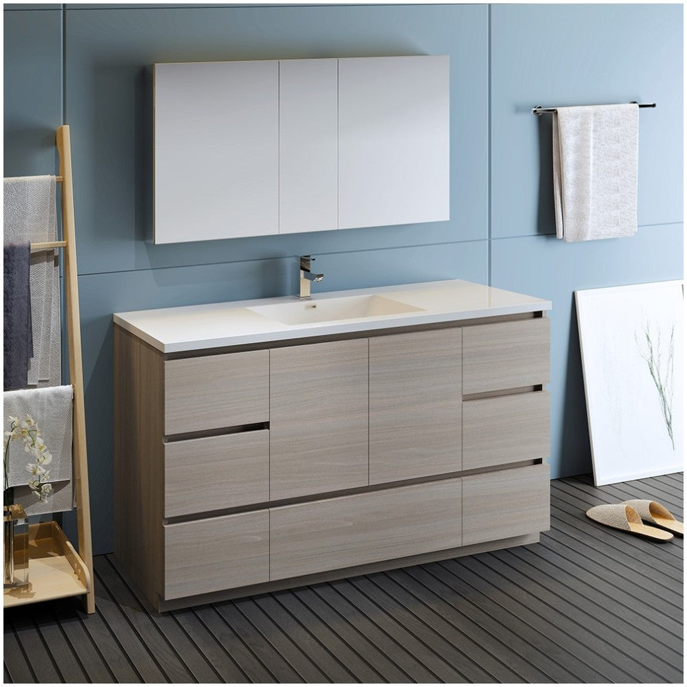 60 Gray Wood Free Standing Single Sink Bathroom Vanity w/ Medicine Cabinet