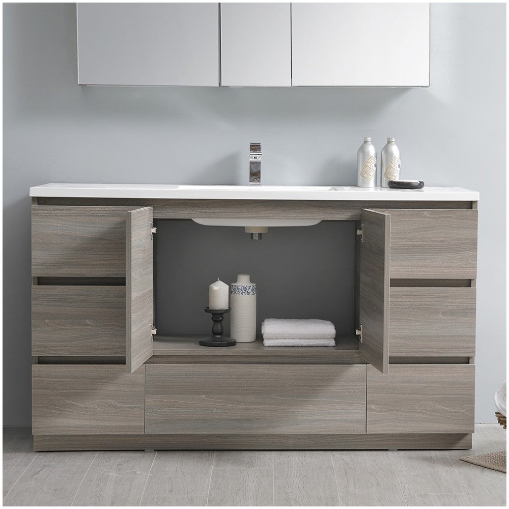 60 Gray Wood Free Standing Single Sink Bathroom Vanity w/ Medicine Cabinet