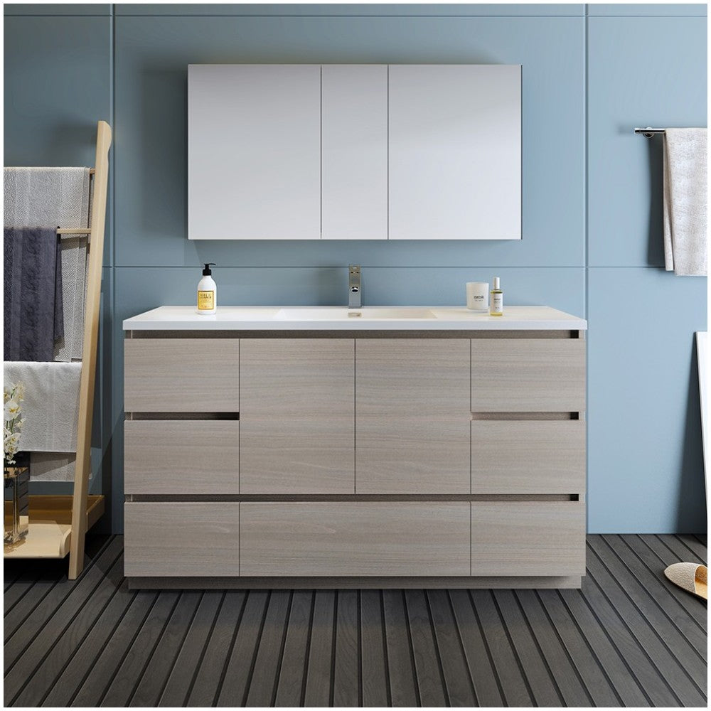 60 Gray Wood Free Standing Single Sink Bathroom Vanity w/ Medicine Cabinet
