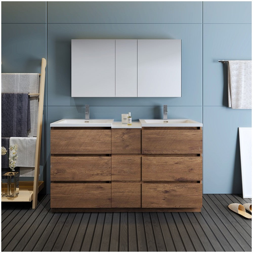 60 Rosewood Free Standing Dbl Sink Bathroom Vanity, Medicine Cabinet