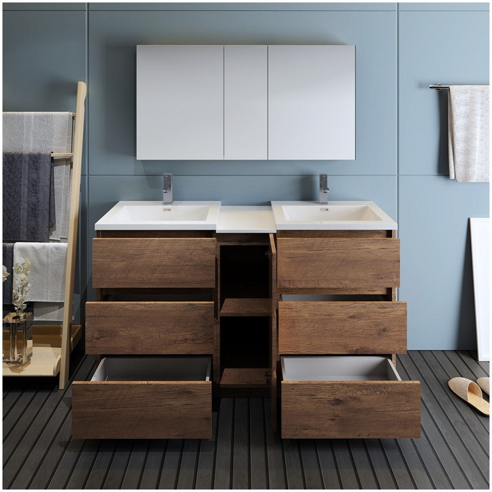 60 Rosewood Free Standing Dbl Sink Bathroom Vanity, Medicine Cabinet