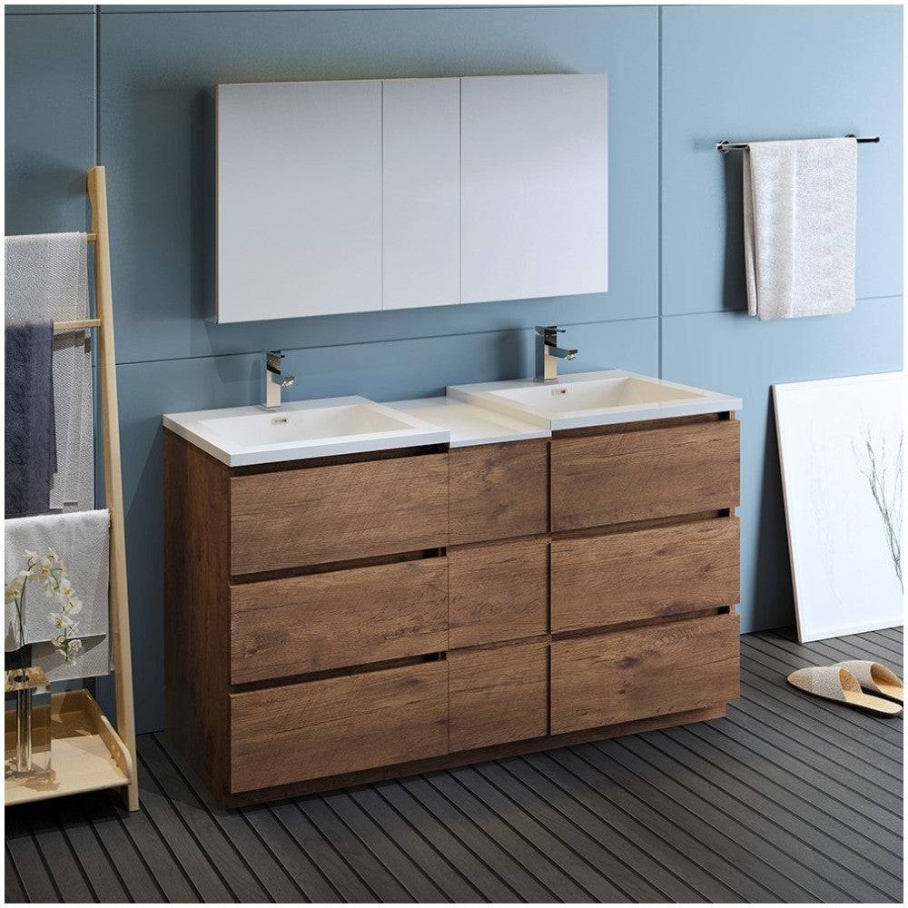 60 Rosewood Free Standing Dbl Sink Bathroom Vanity, Medicine Cabinet