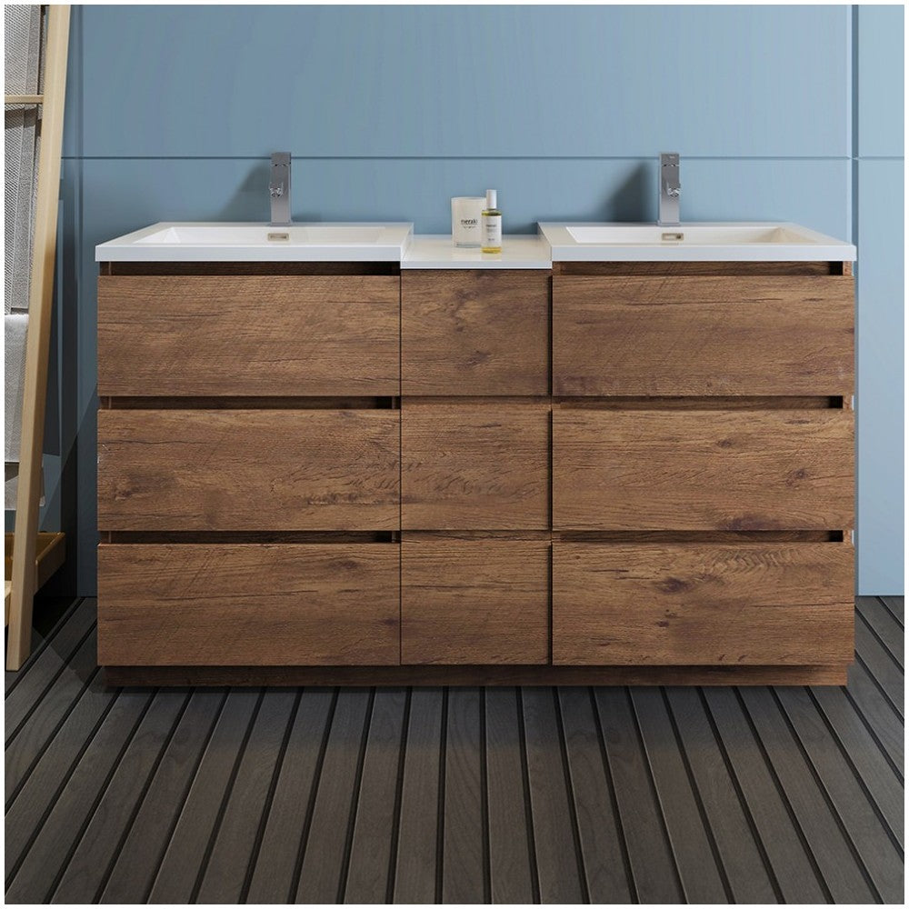 60 Rosewood Free Standing Double Sink Bathroom Cabinet w/ Integrated Sinks
