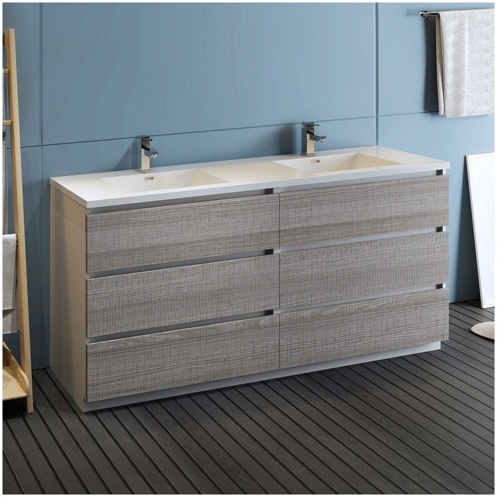 72 Ash Gray Free Standing Modern Bathroom Cabinet w/ Integrated Double Sink