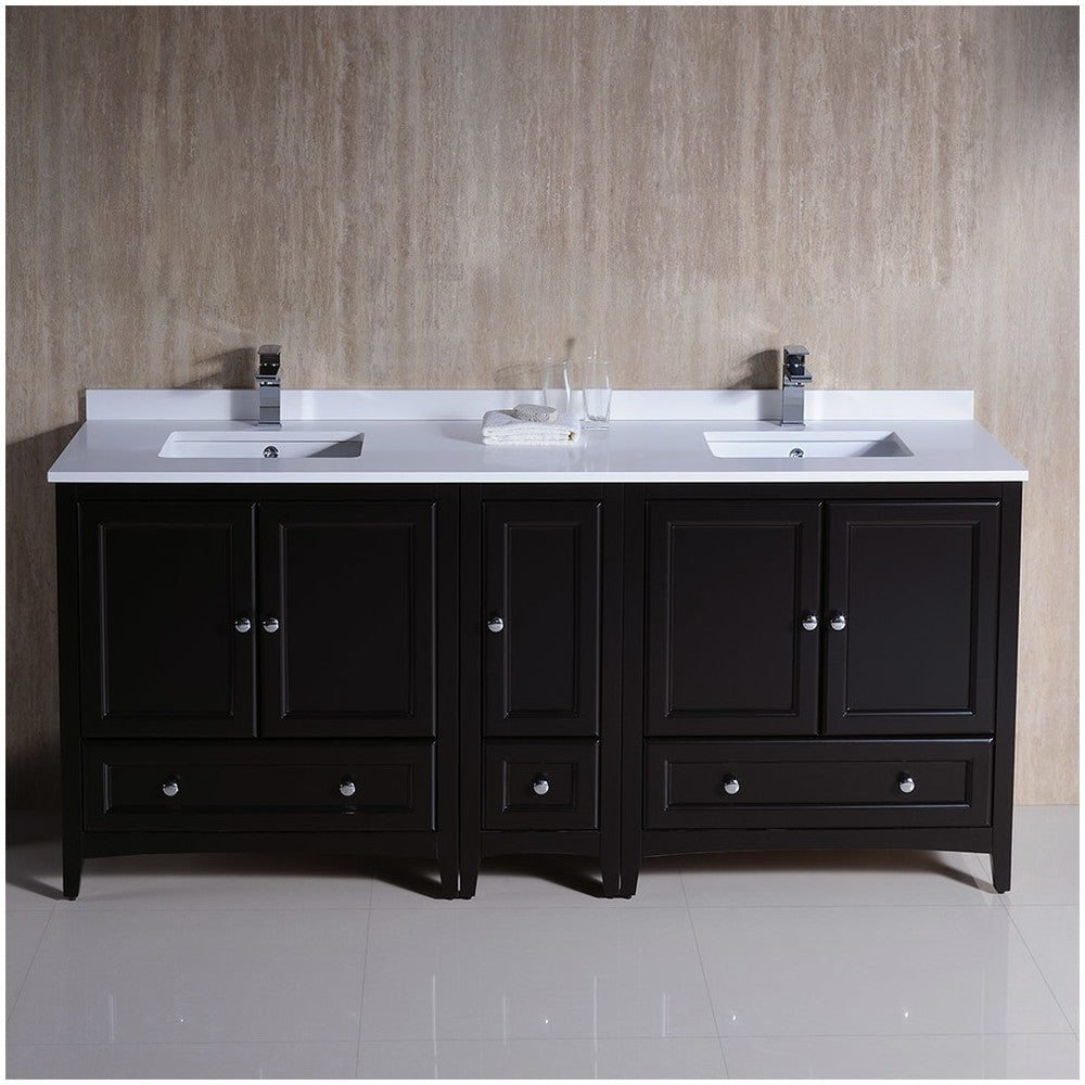72 Espresso Traditional Dbl Sink Bathroom Cabinets, Top, Sinks, FCB20