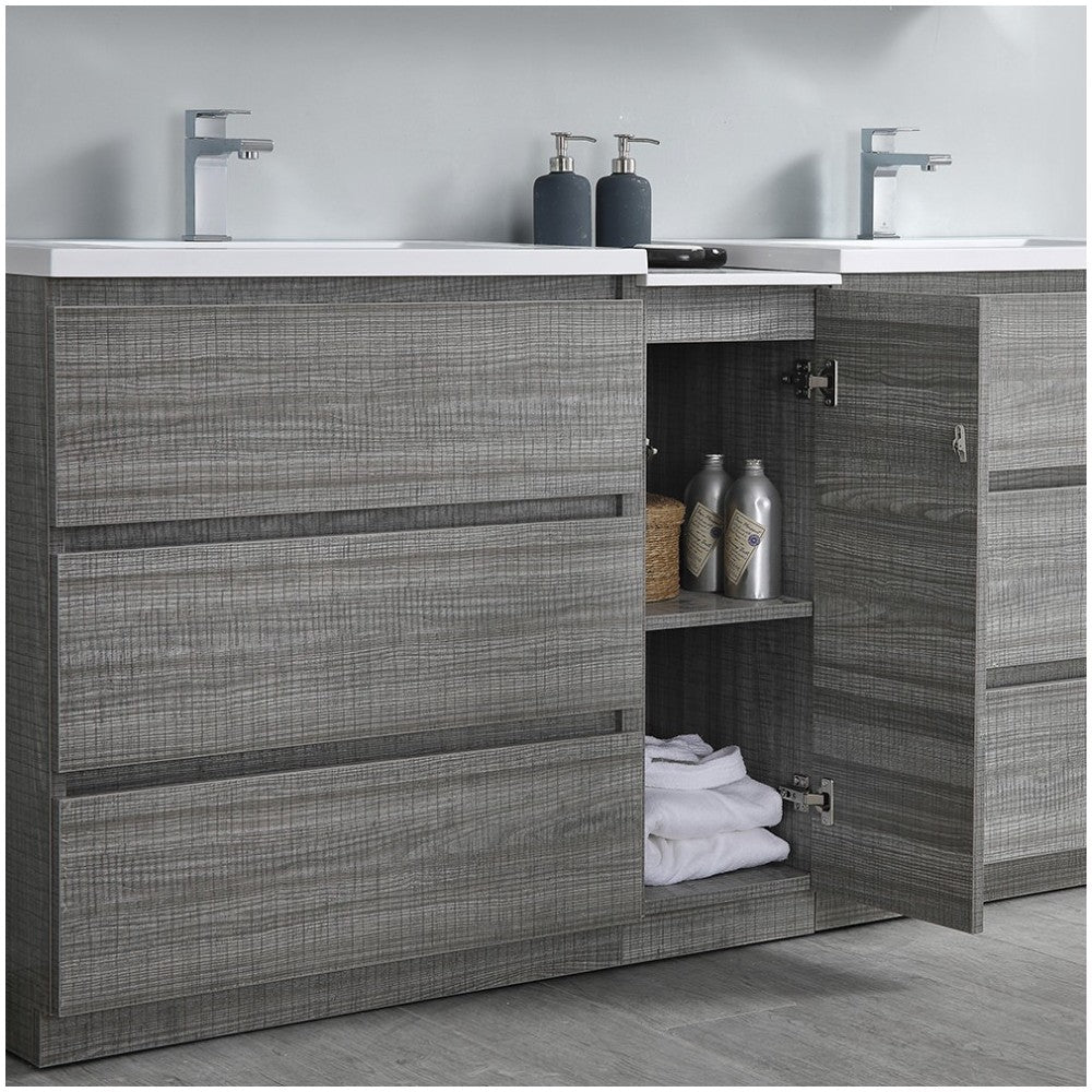 72 Gray Free Standing Dbl Sink Modern Bathroom Cabinet, Integrated Sinks, Senza