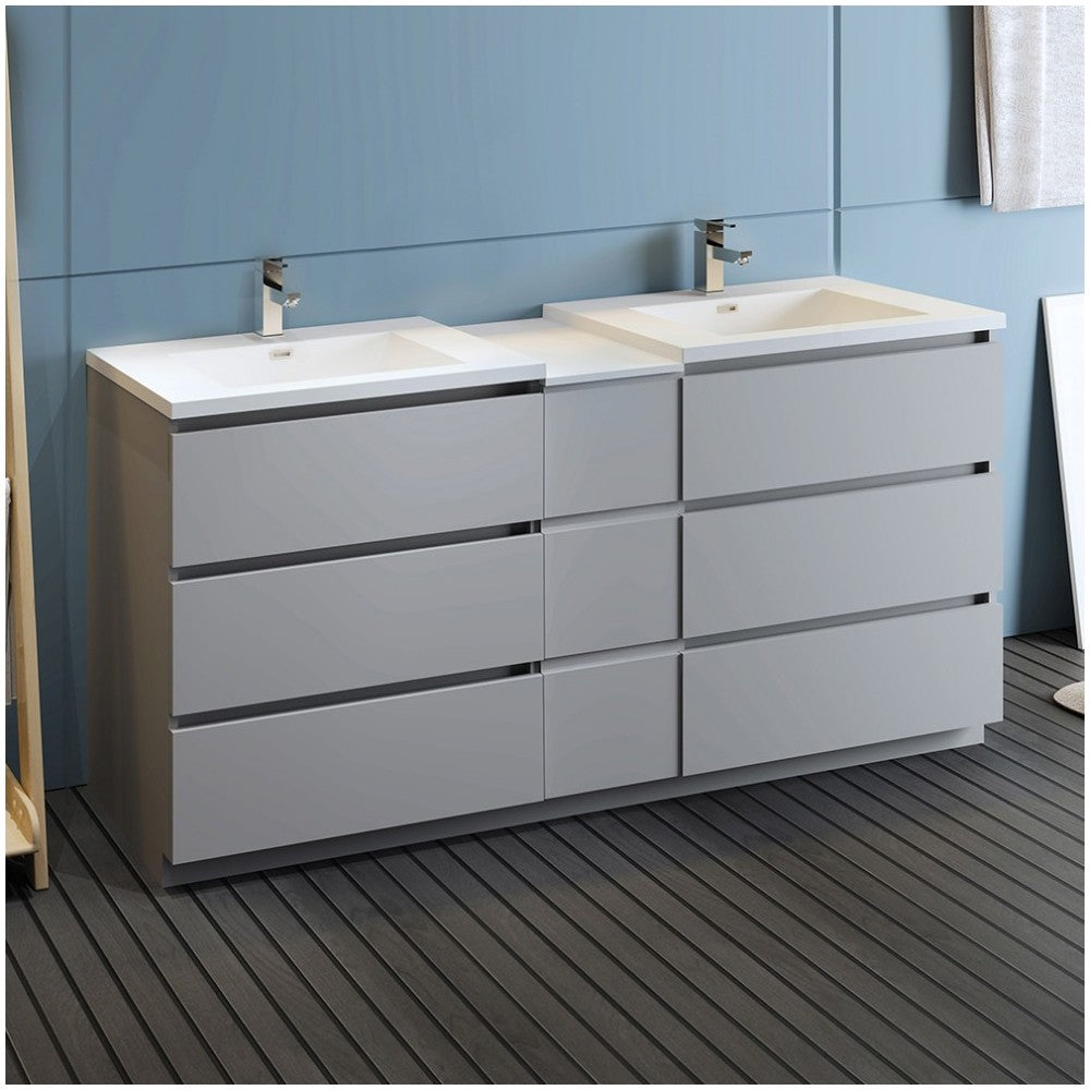 72 Gray Free Standing Double Sink Modern Bathroom Cabinet w/ Integrated Sinks