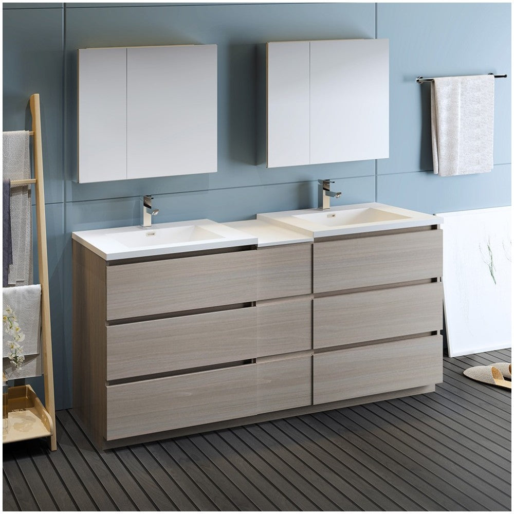 72 Gray Wood Free Standing Dbl Sink Bathroom Vanity, Medicine Cabinet