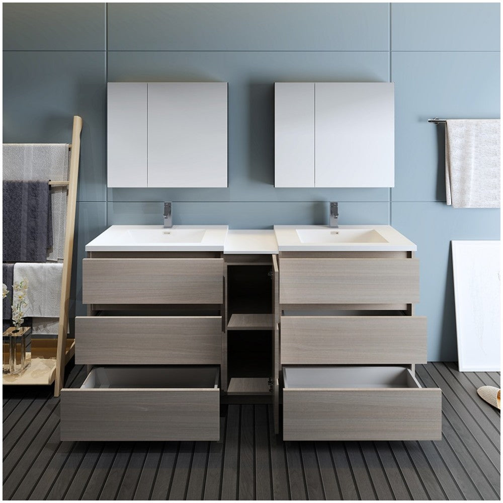 72 Gray Wood Free Standing Dbl Sink Bathroom Vanity, Medicine Cabinet