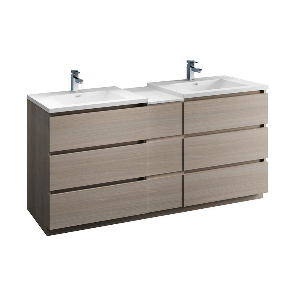 72 Gray Wood Free Standing Double Sink Bathroom Cabinet w/ Integrated Sinks