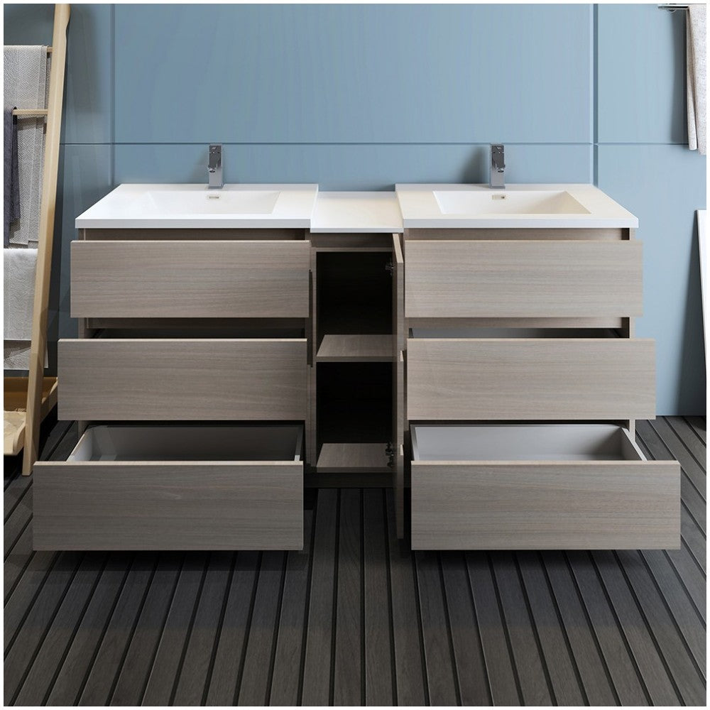 72 Gray Wood Free Standing Double Sink Bathroom Cabinet w/ Integrated Sinks