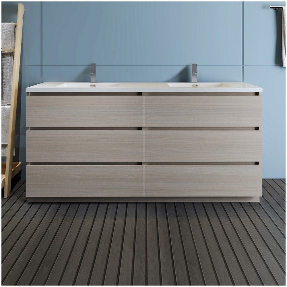 72 Gray Wood Free Standing Modern Bathroom Cabinet w/ Integrated Double Sink