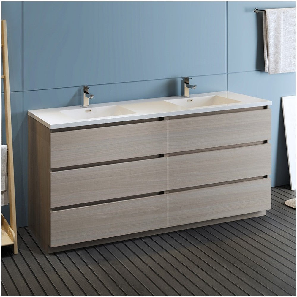 72 Gray Wood Free Standing Modern Bathroom Cabinet w/ Integrated Double Sink