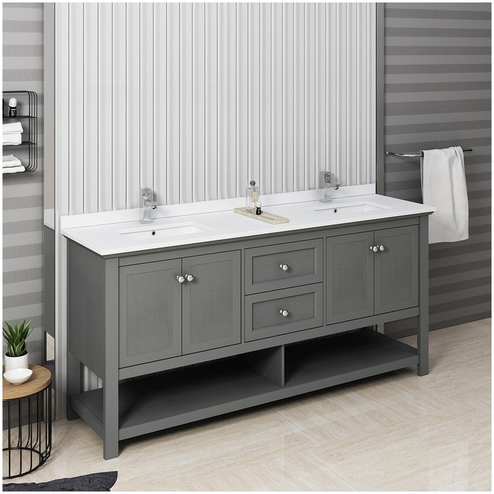 72 Gray Wood Veneer Traditional Double Sink Bathroom Cabinet w/ Top & Sinks