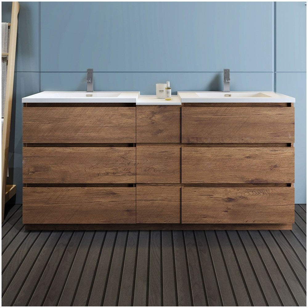 72 Rosewood Free Standing Double Sink Bathroom Cabinet w/ Integrated Sinks