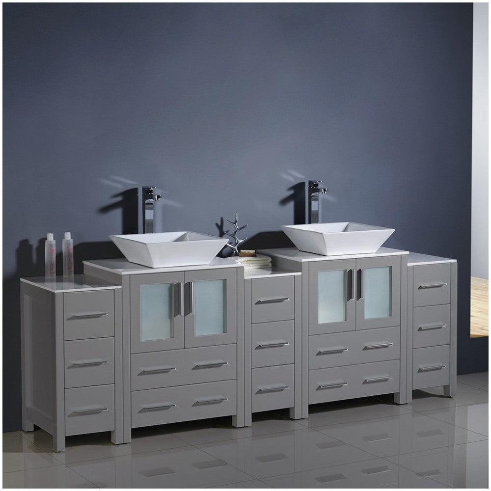 84 Gray Double Sink Bathroom Cabinets w/ Tops & Vessel Sinks, FCB62-72GR-CWH-V