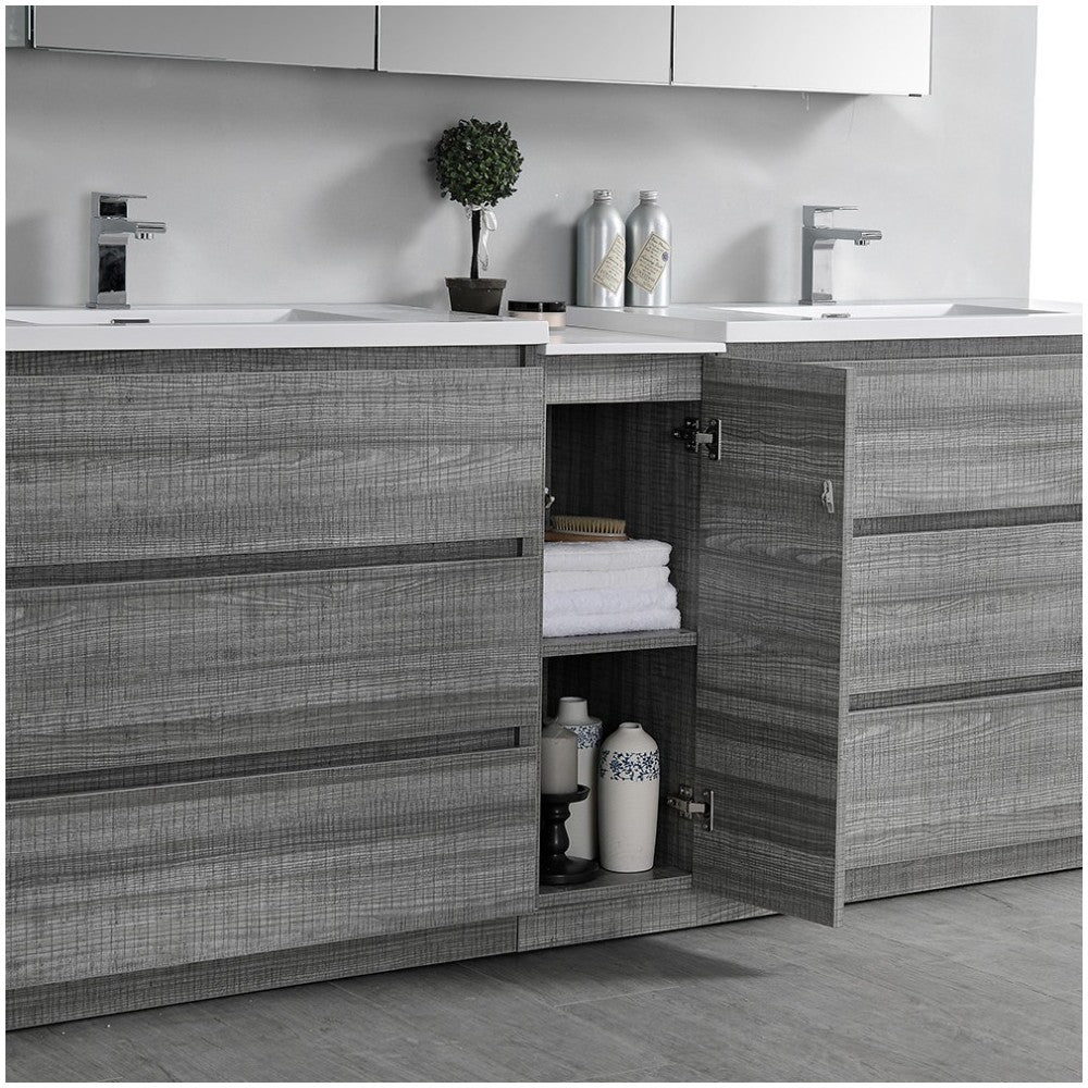 84 Gray Free Standing Dbl Sink Modern Bathroom Cabinet, Integrated Sinks, Senza