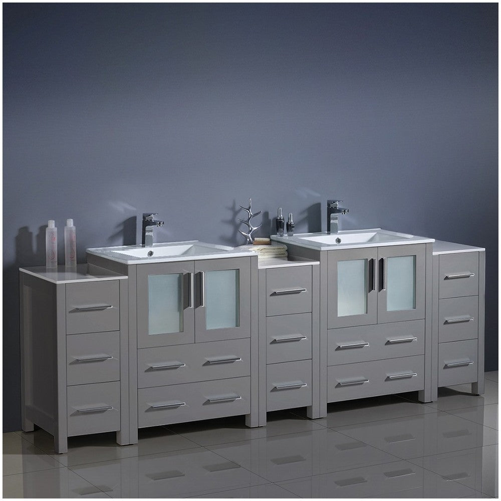 84 Gray Modern Double Sink Bathroom Cabinets w/ Integrated Sinks, FCB62-72GR-I