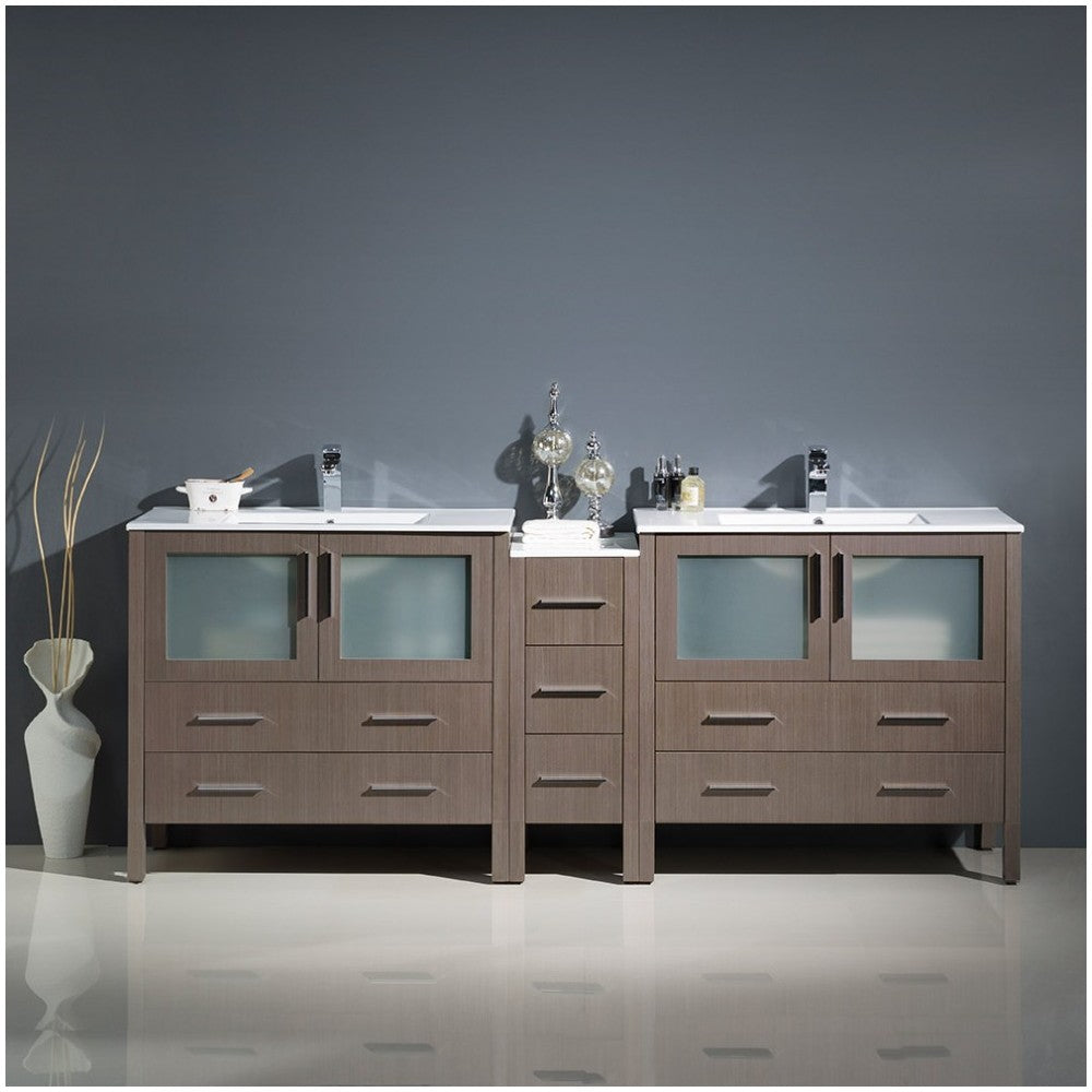 84 Gray Oak Double Sink Bathroom Cabinets w/ Integrated Sinks, FCB62-361236GO-I