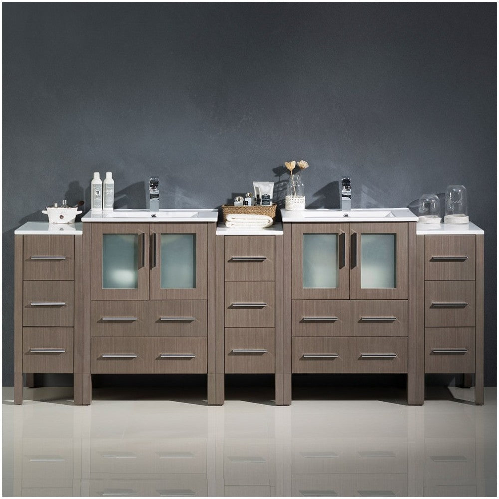 84 Gray Oak Double Sink Bathroom Cabinets w/ Integrated Sinks, FCB62-72GO-I