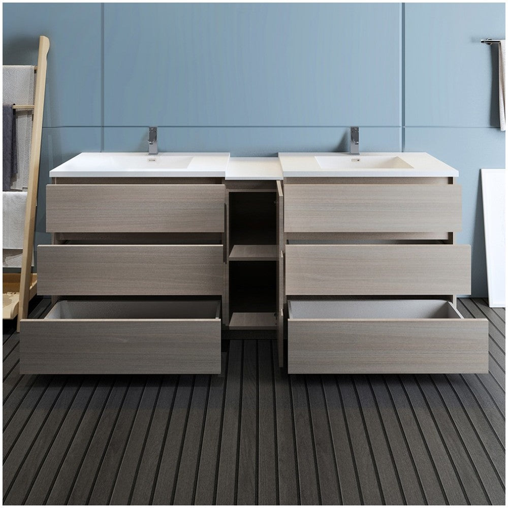 84 Gray Wood Free Standing Double Sink Bathroom Cabinet w/ Integrated Sinks