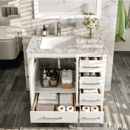 Eviva London 36"x18" White Transitional Bathroom Vanity With White Carrara Top