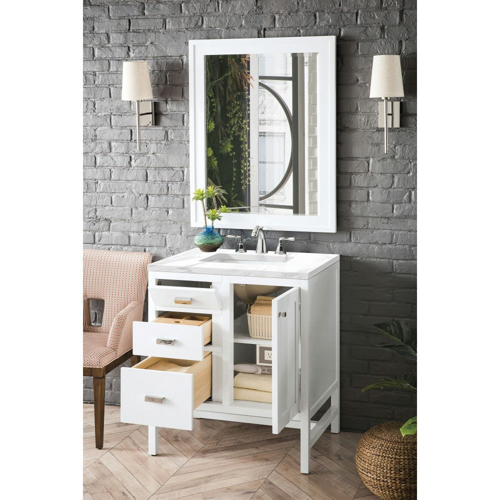 Addison 30" Single Vanity Cabinet, Glossy White, w/ 3 CM Carrara White Top