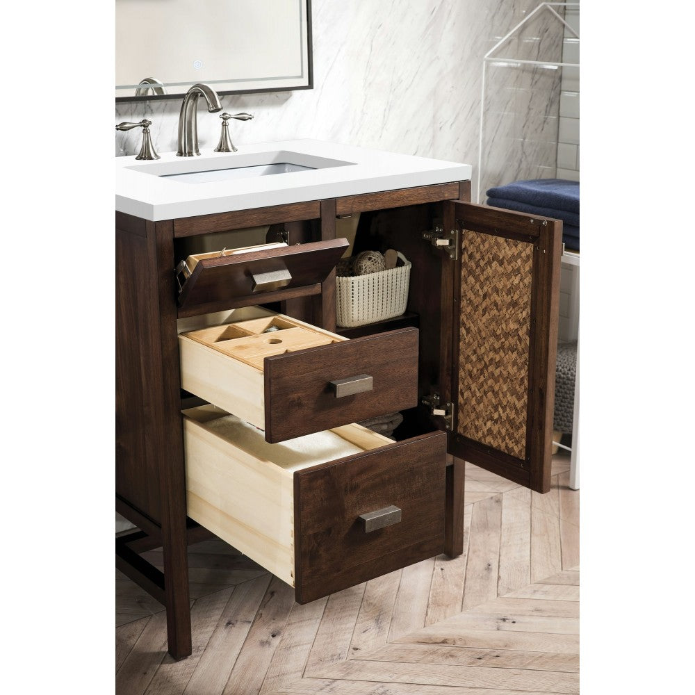 Addison 30" Single Vanity, Mid Century Acacia, w/ 3 CM Classic White Quartz Top