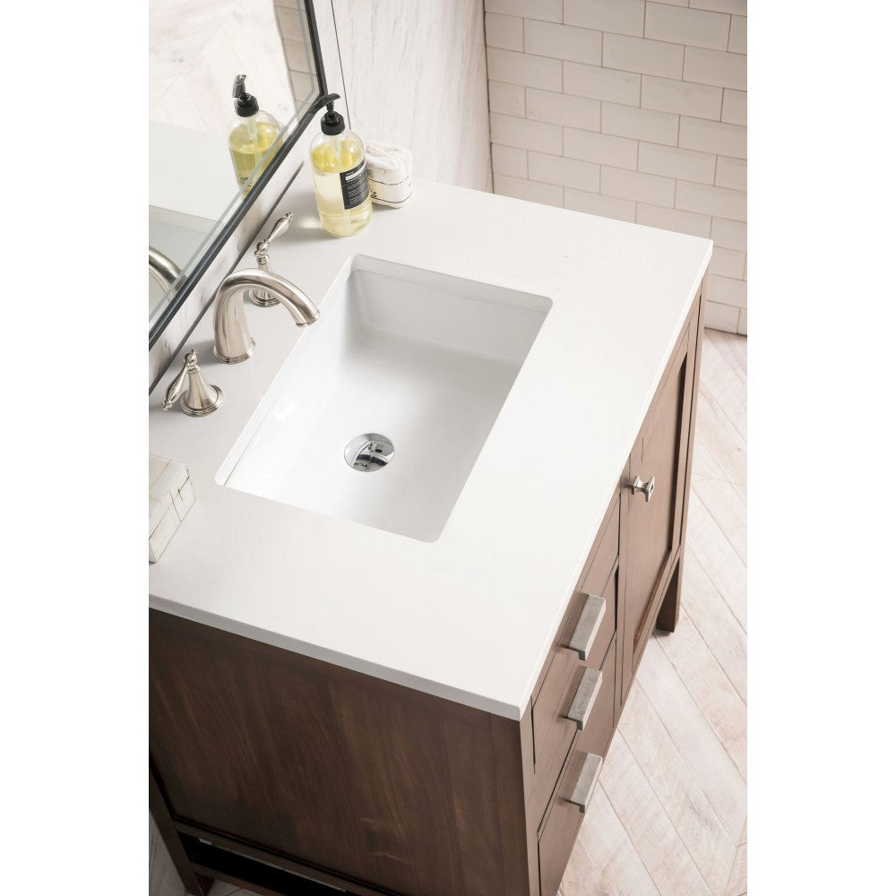 Addison 30" Single Vanity, Mid Century Acacia, w/ 3 CM Classic White Quartz Top