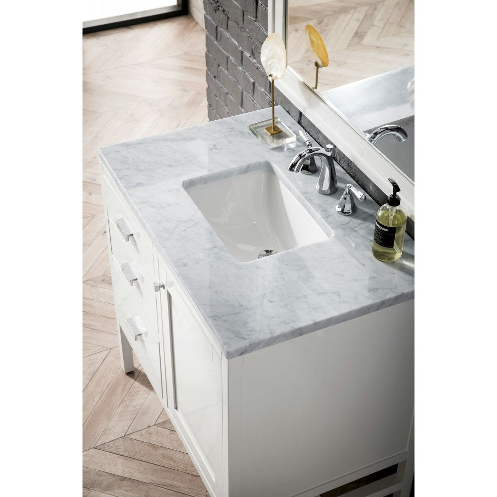 Addison 36" Single Vanity Cabinet, Glossy White, w/ 3 CM Carrara White Top