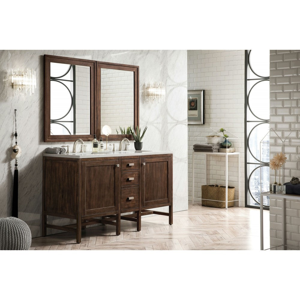 Addison 60" Double Vanity Cabinet, Mid Century Acacia, w/ 3 CM Carrara White Top
