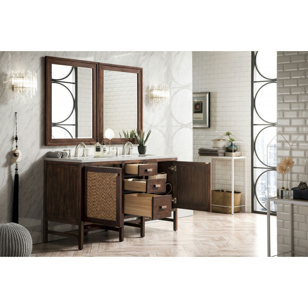 Addison 60" Double Vanity Cabinet, Mid Century Acacia, w/ 3 CM Carrara White Top