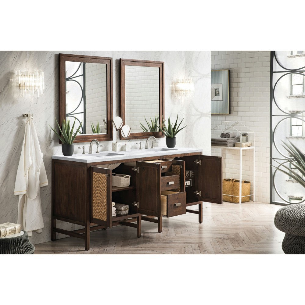 Addison 72" Double Vanity Mid Century Acacia w/3 CM Arctic Fall Surface Top