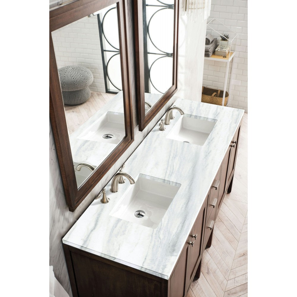 Addison 72" Double Vanity Mid Century Acacia w/3 CM Arctic Fall Surface Top