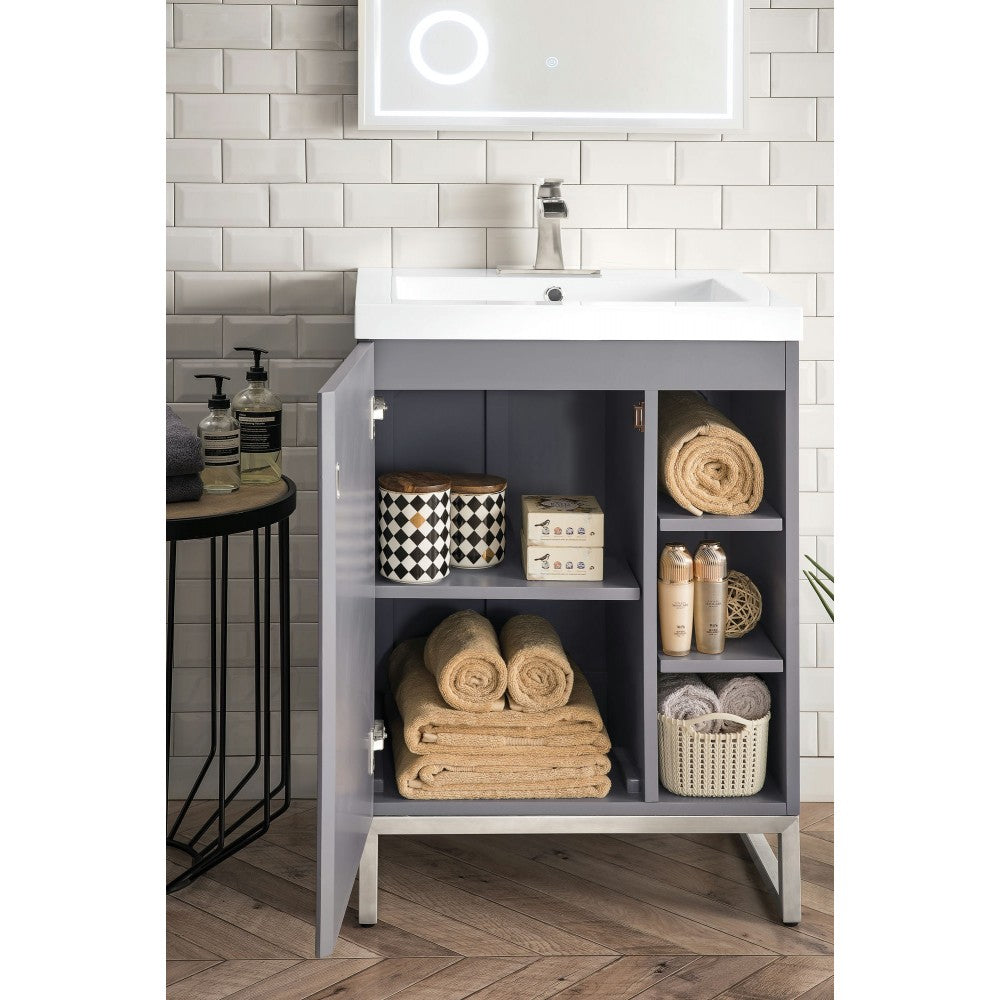 Alicante' 24" Single Vanity Gray Smoke Nickel w/White Glossy Composite Top
