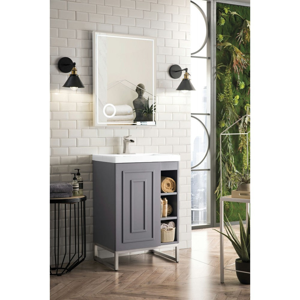 Alicante' 24" Single Vanity Gray Smoke Nickel w/White Glossy Composite Top