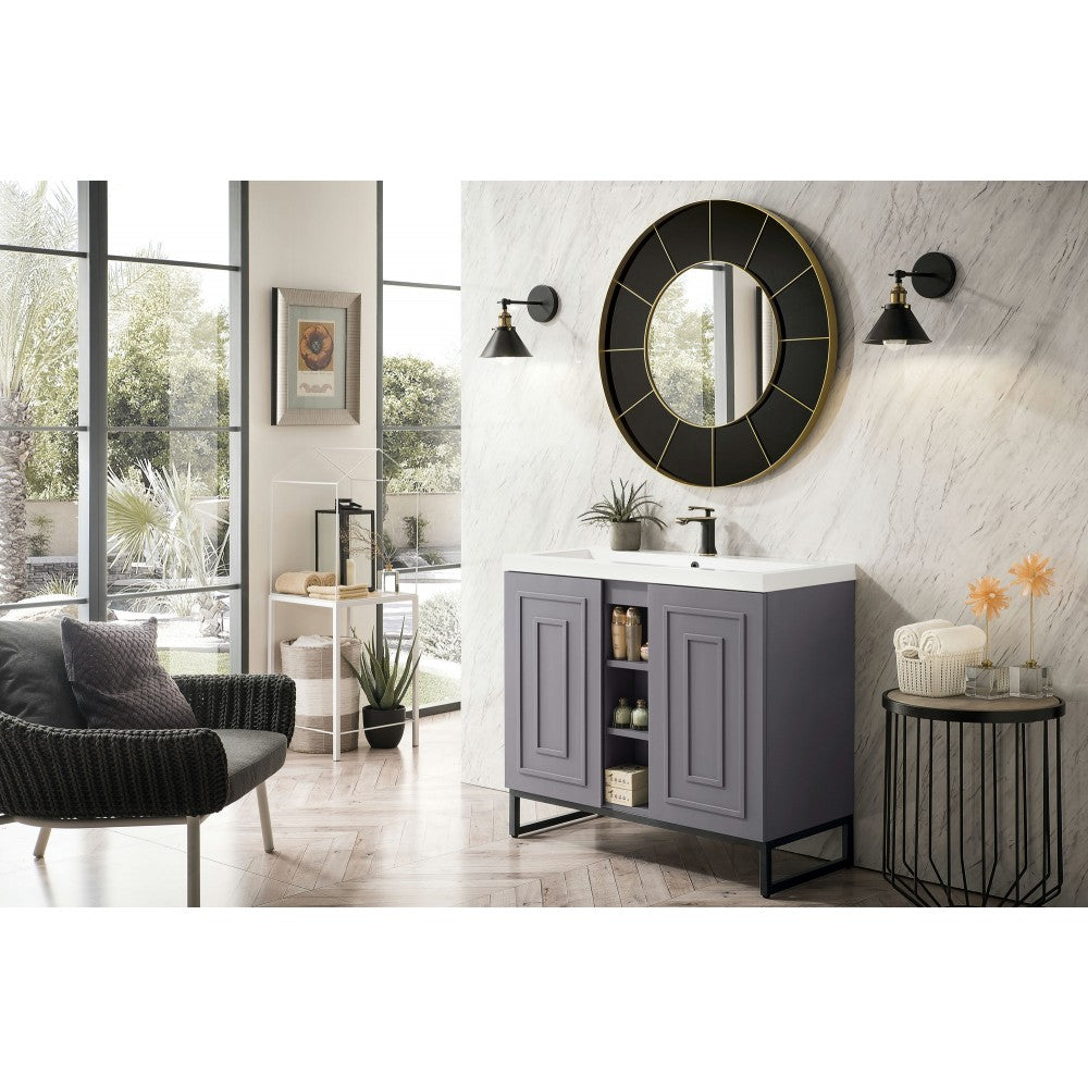 Alicante' 39.5" Single Vanity Gray Smoke Black w/White Glossy Composite Top