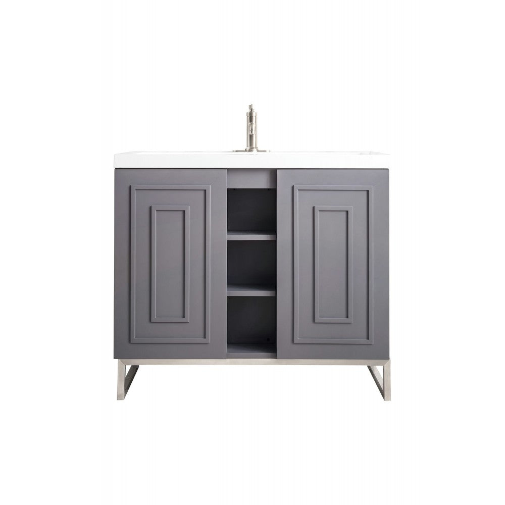 Alicante' 39.5" Single Vanity Gray Smoke Nickel w/White Glossy Composite Top