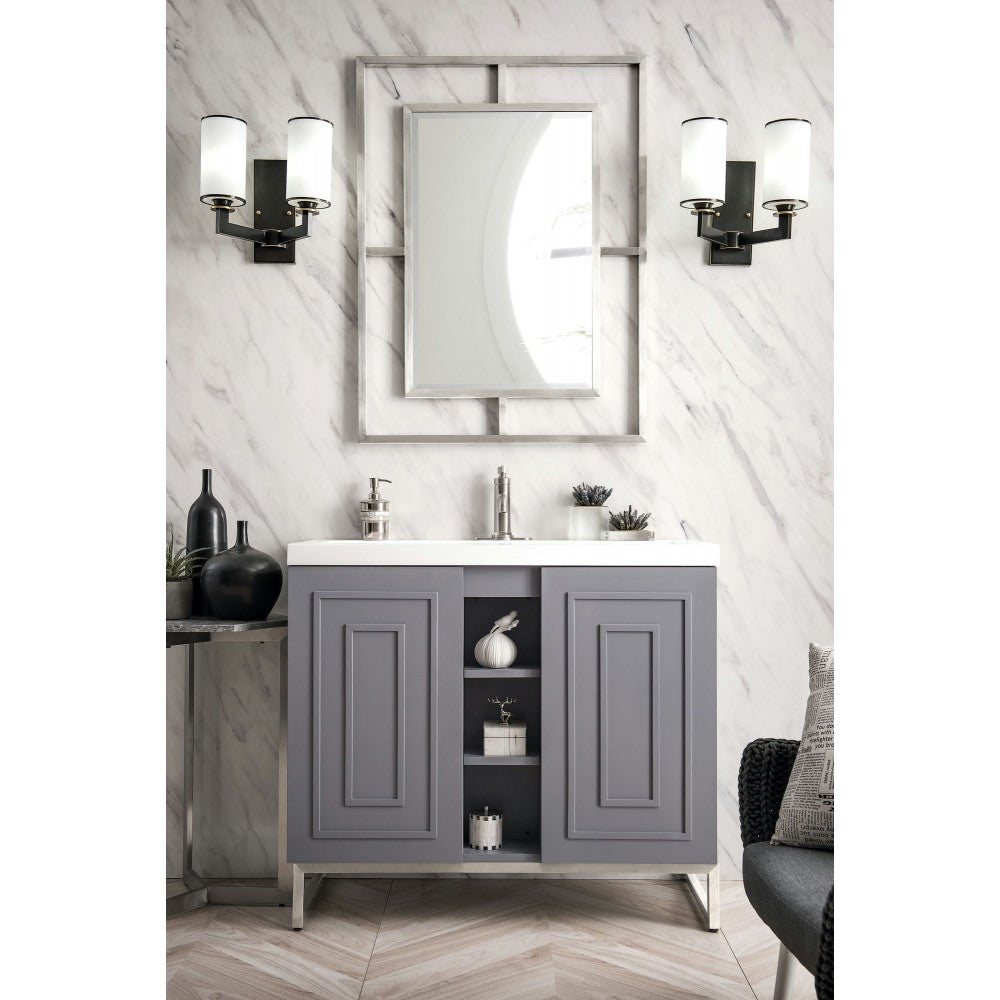 Alicante' 39.5" Single Vanity Gray Smoke Nickel w/White Glossy Composite Top