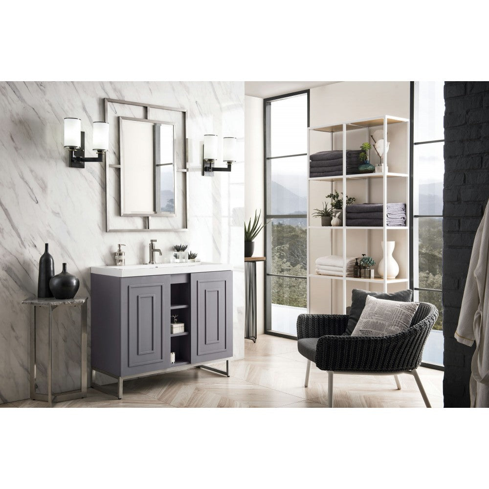 Alicante' 39.5" Single Vanity Gray Smoke Nickel w/White Glossy Composite Top