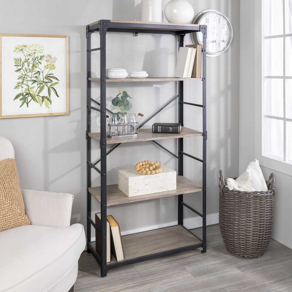 Angle Iron 64" Industrial 4 Shelf Wood Bookcase - Driftwood