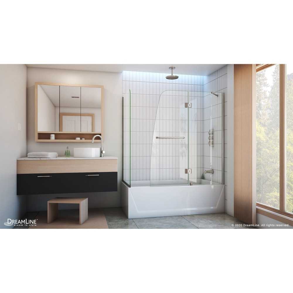 Aqua 56-60 in. W x 30 in. D x 58 in. H Frameless Hinged Tub Door with 30 in. Return Panel in Brushed Nickel