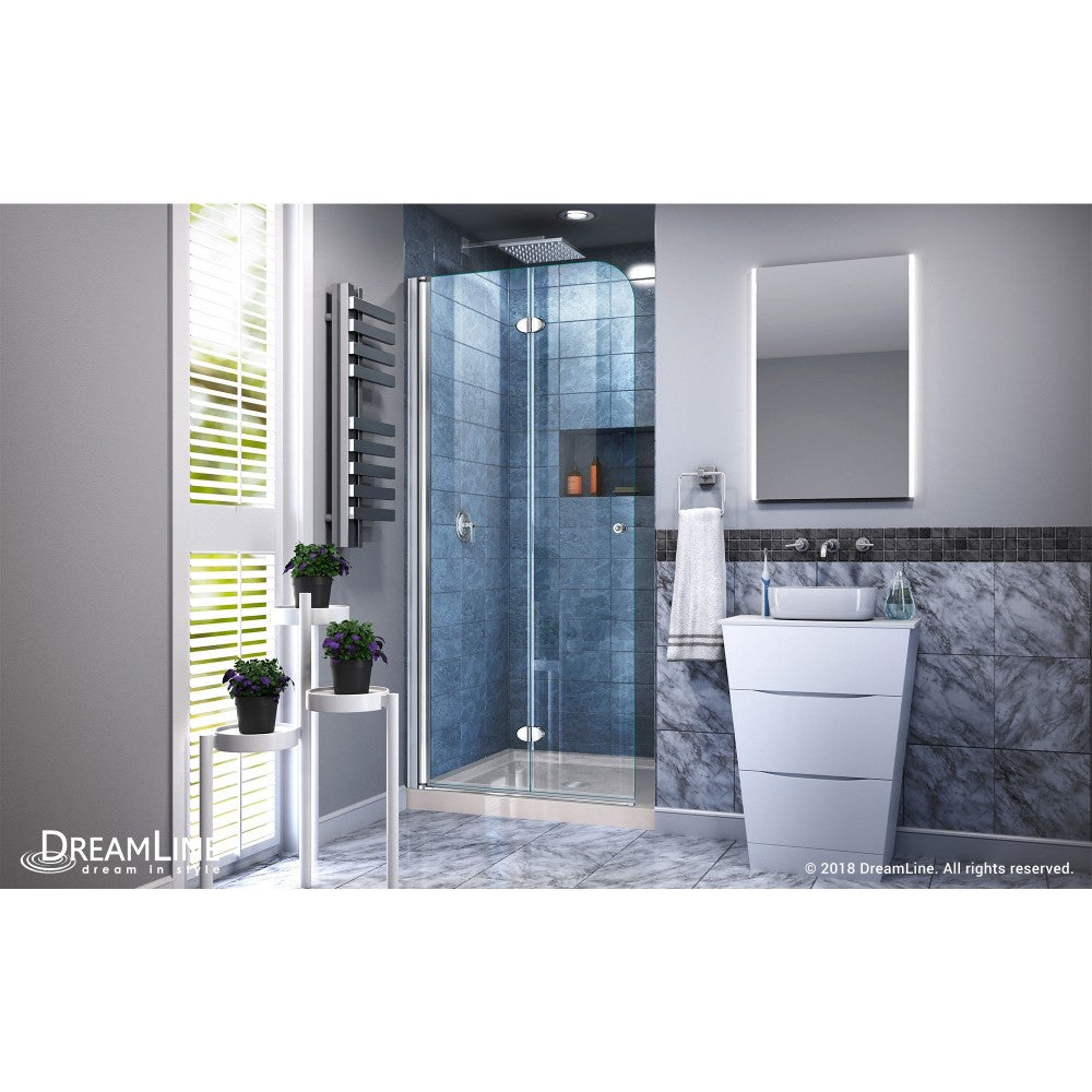 Aqua Fold 32 in. D x 32 in. W x 74 3/4 in. H Frameless Bi-Fold Shower Door in Chrome with Biscuit Acrylic Base Kit