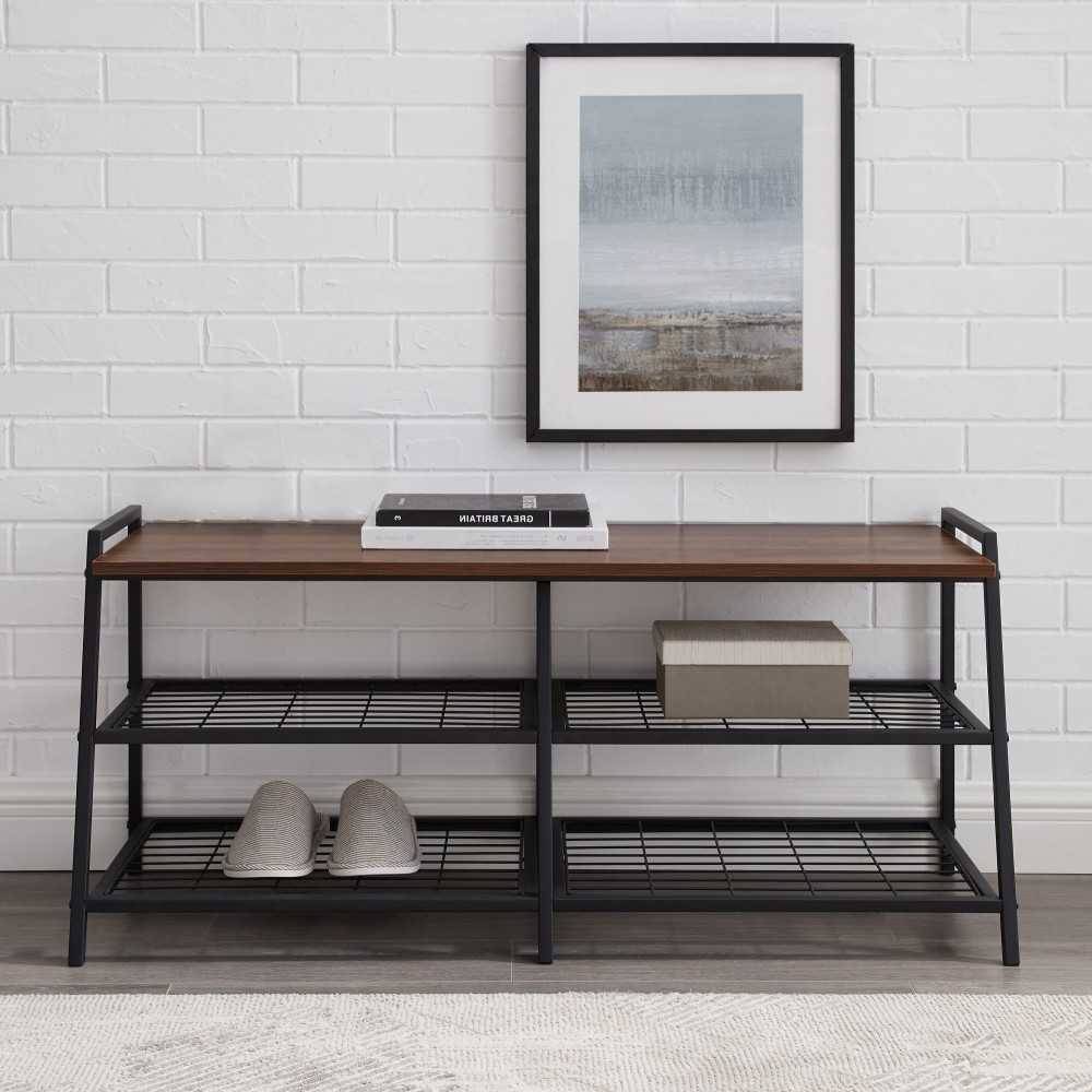 Arlo 42" Industrial Metal and Wood Entry Bench with Shoe Rack - Dark Walnut