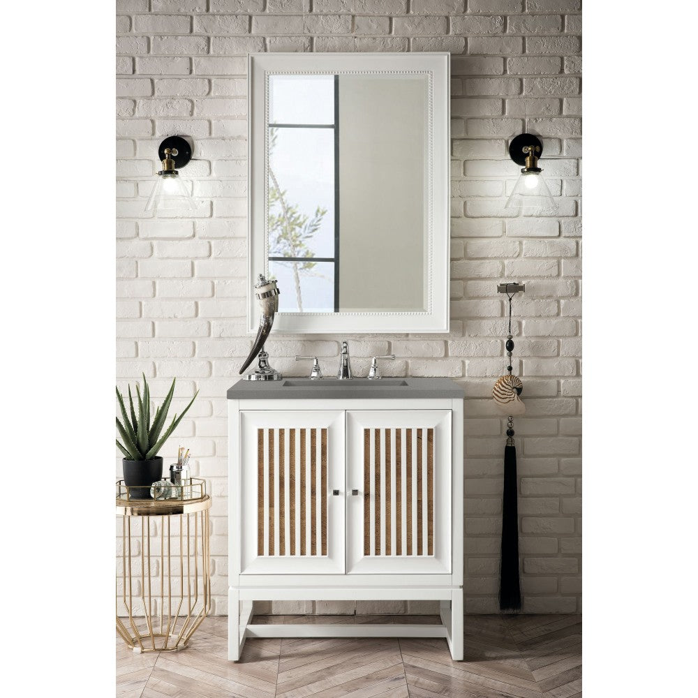 Athens 30" Single Vanity Cabinet, Glossy White, w/ 3 CM Gray Expo Quartz Top