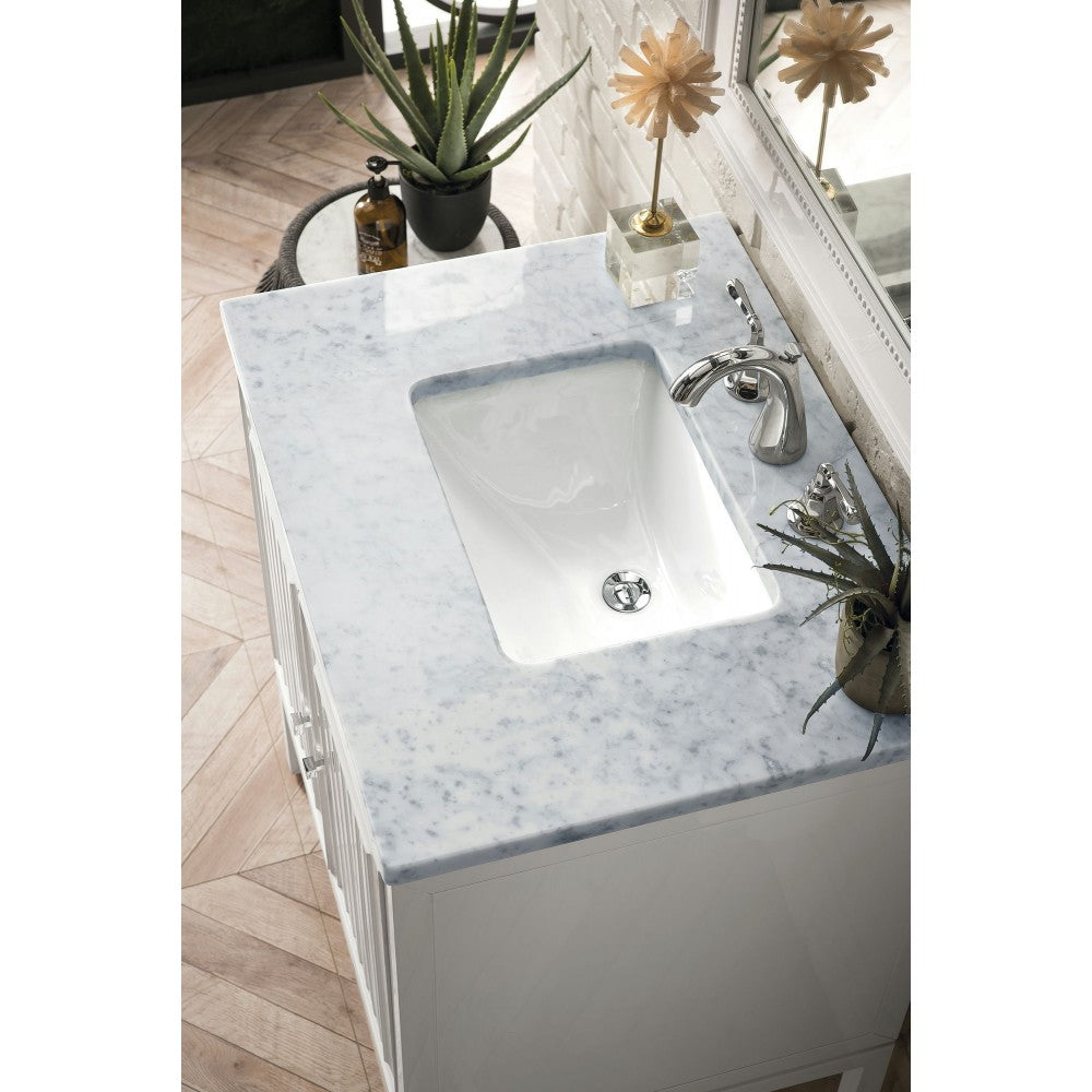 Athens 30" Single Vanity Cabinet, Glossy White, w/ 3 CM Carrara White Top