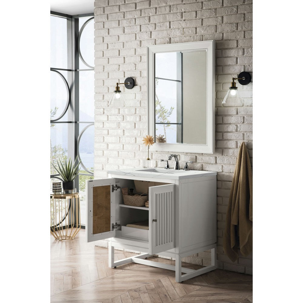 Athens 30" Single Vanity Cabinet, Glossy White, w/ 3 CM Ethereal Noctis Top