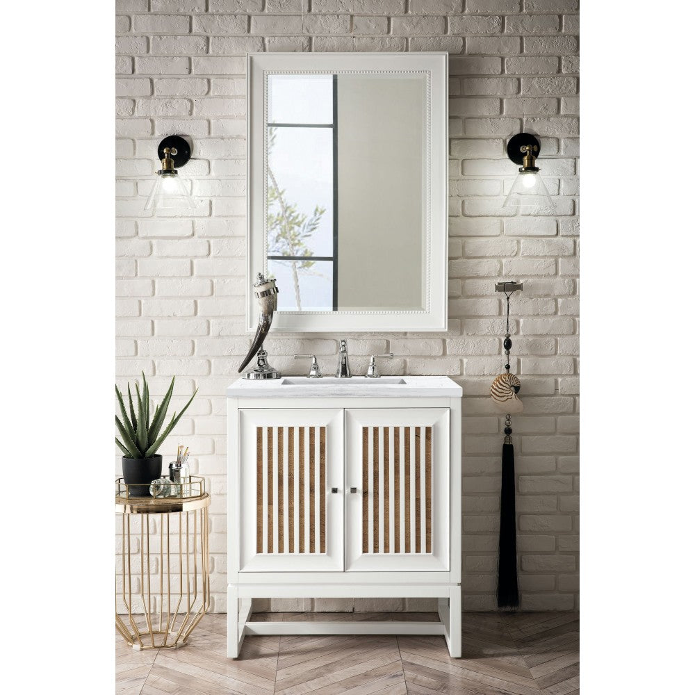 Athens 30" Single Vanity, Glossy White, w/ 3 CM Arctic Fall Solid Surface Top