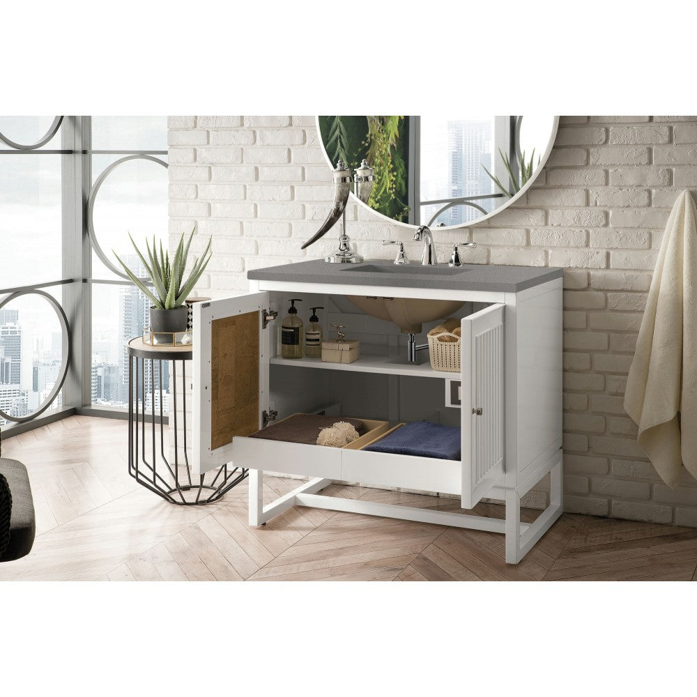 Athens 36" Single Vanity Cabinet, Glossy White, w/ 3 CM Gray Expo Quartz Top